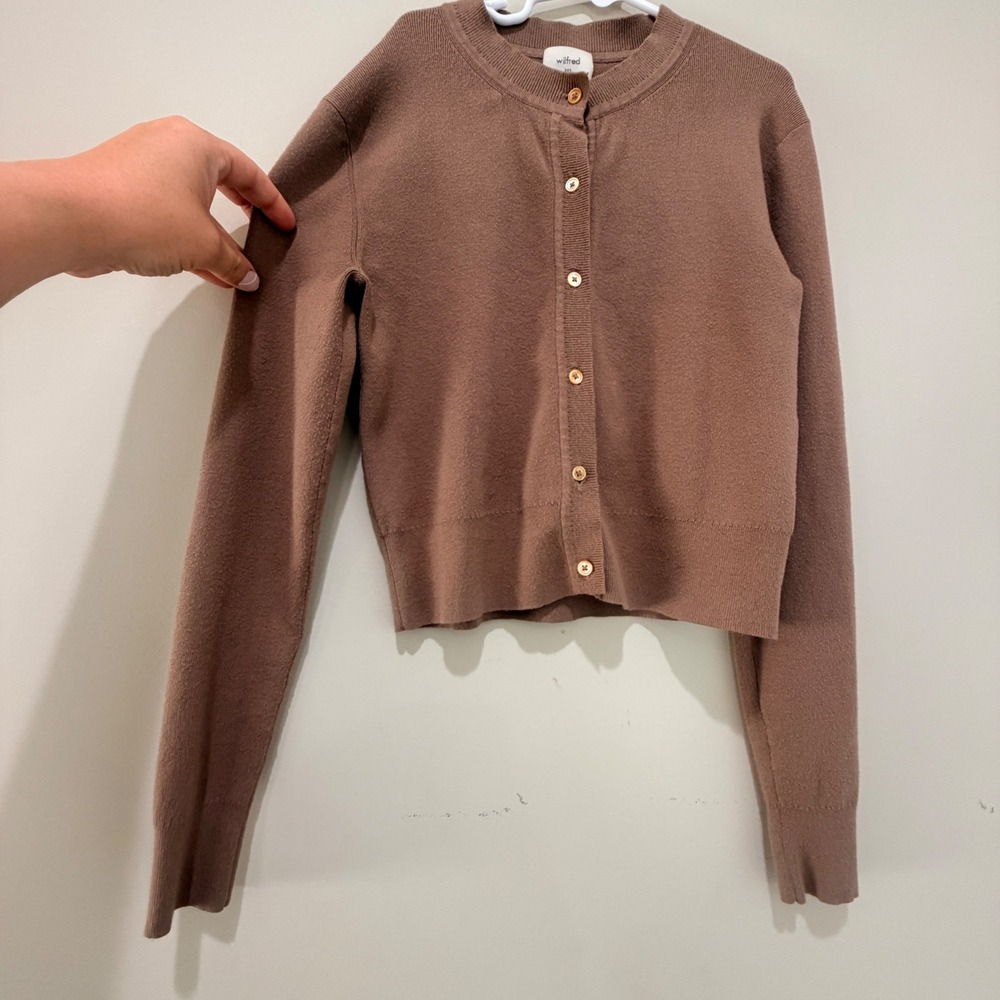 Wilfred Cardigan Sweater Women 2XS‎ Brown Cropped Soft Minimalist Quiet Luxury